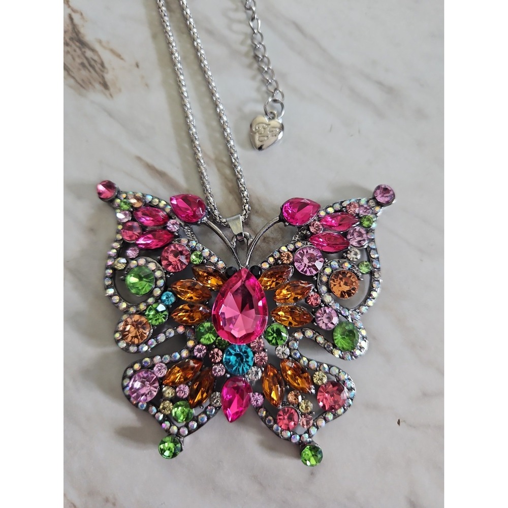 Betsey Johnson Multi-Crystal Gunmetal Butterfly Large Pendant Silver Necklace